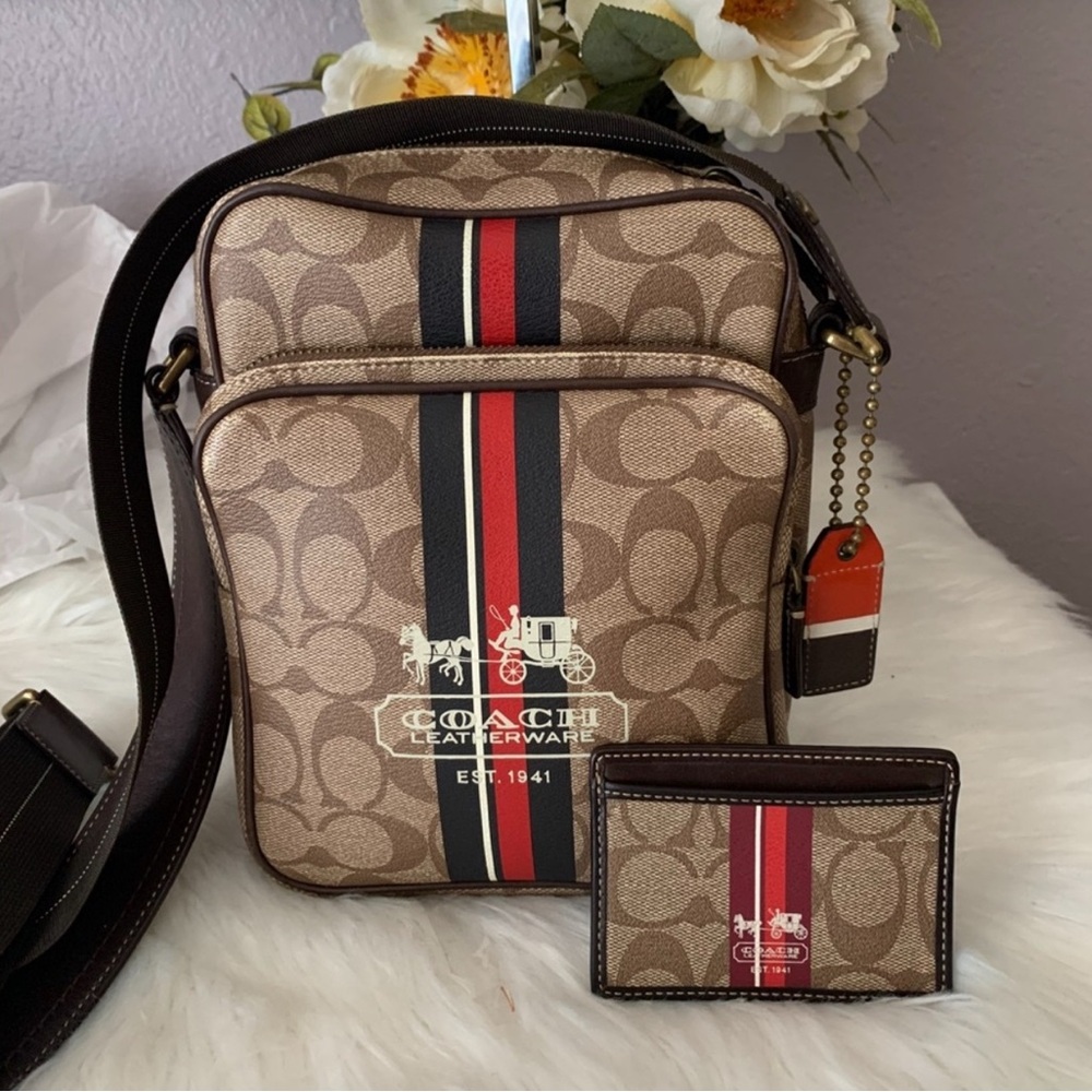 Vintage Coach Tan Messenger Bag with Red and Black Stripes
